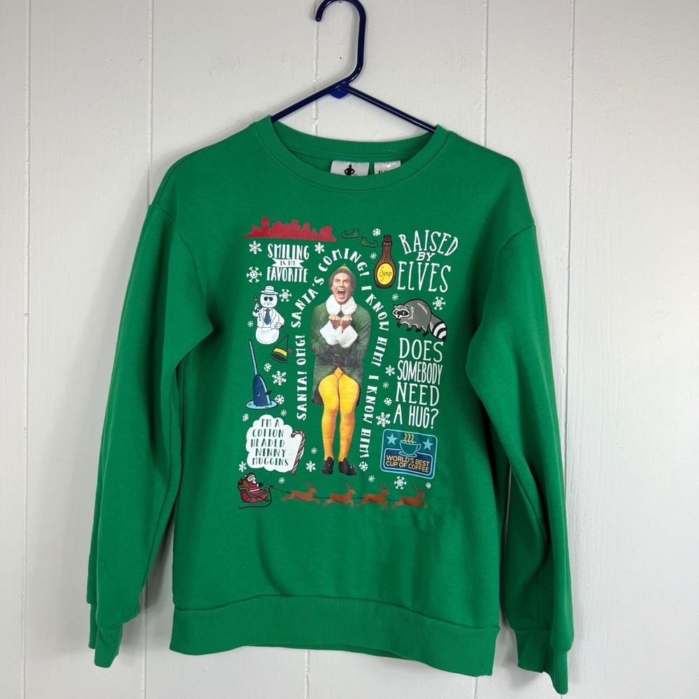 Elf Long Sleeve Graphic Print Holiday Print Sweatshirt XL (14/16) NO BUTTON‎